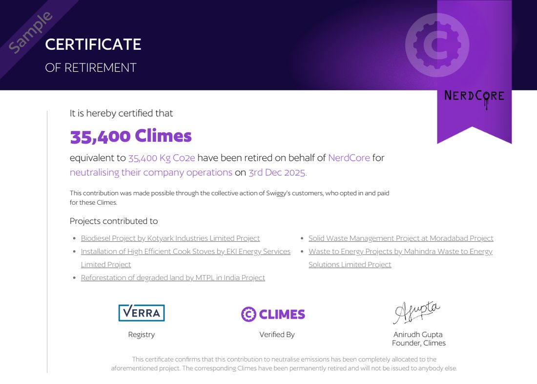 Climes certificate of retirement on the Verra registry